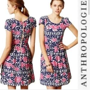 Anthropologie Maeve Floral A-Line Dress Size 12 Pink Navy Short Sleeve